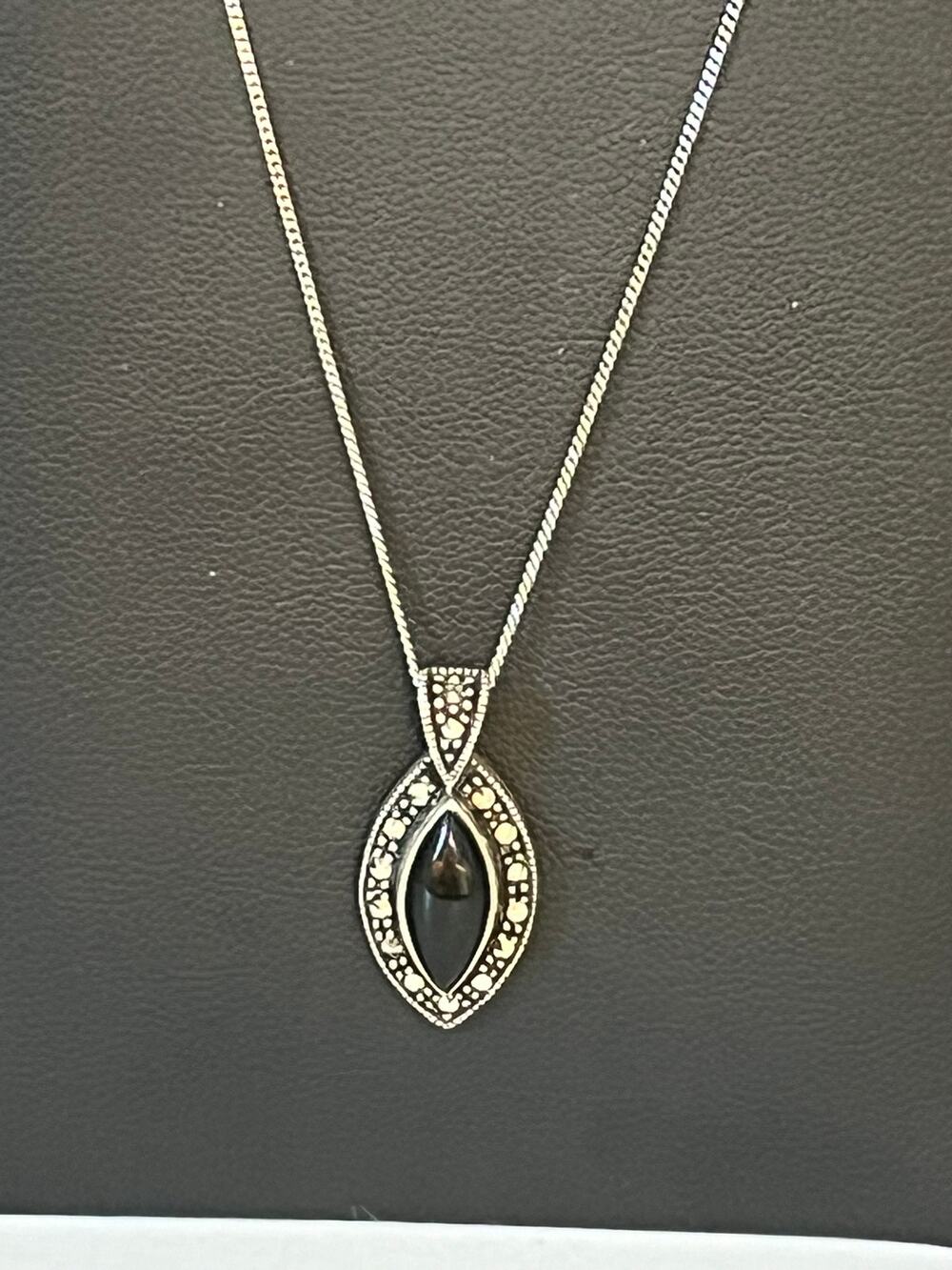 Sterling silver marcasite onyx cabochon pendant necklace